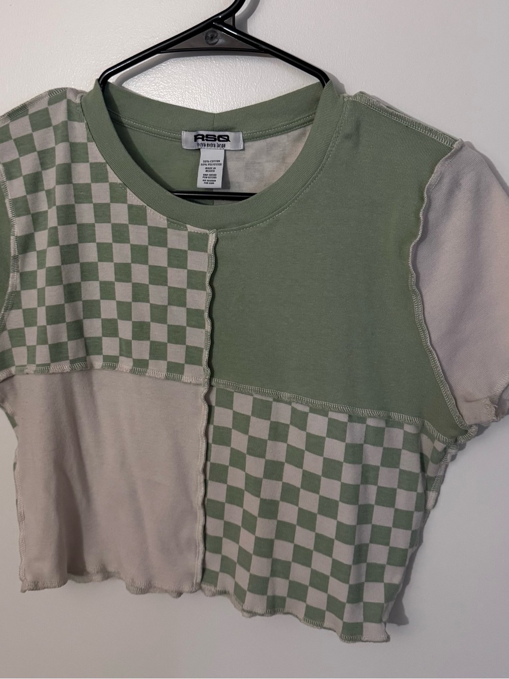 Green & Cream Checkerboard Patchwork Short Sleeve Baby Tee